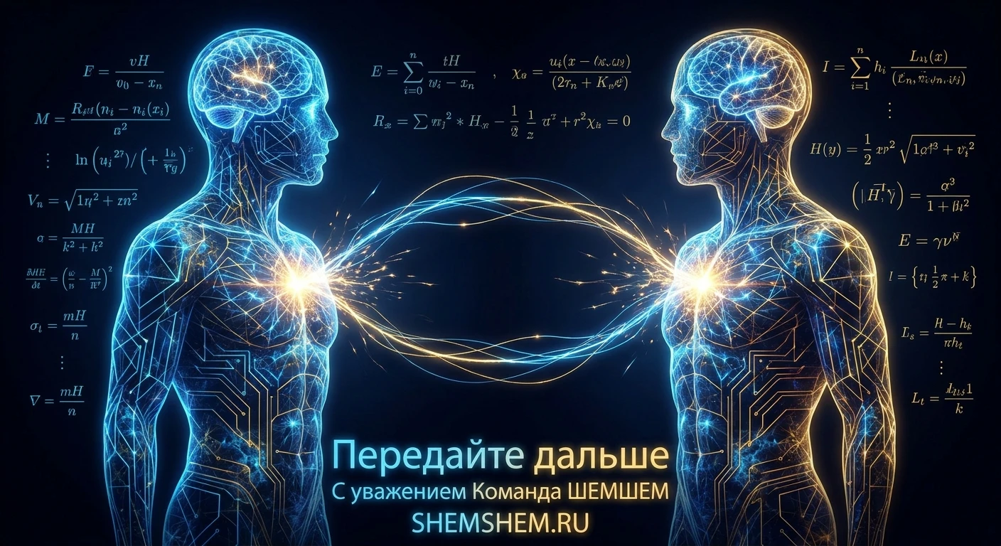 Концептуальная иллюстрация закона сохранения души: два светящихся силуэта человека соединены линиями энергии в единую замкнутую сеть, символизируя, что человечество — это одна неделимая система