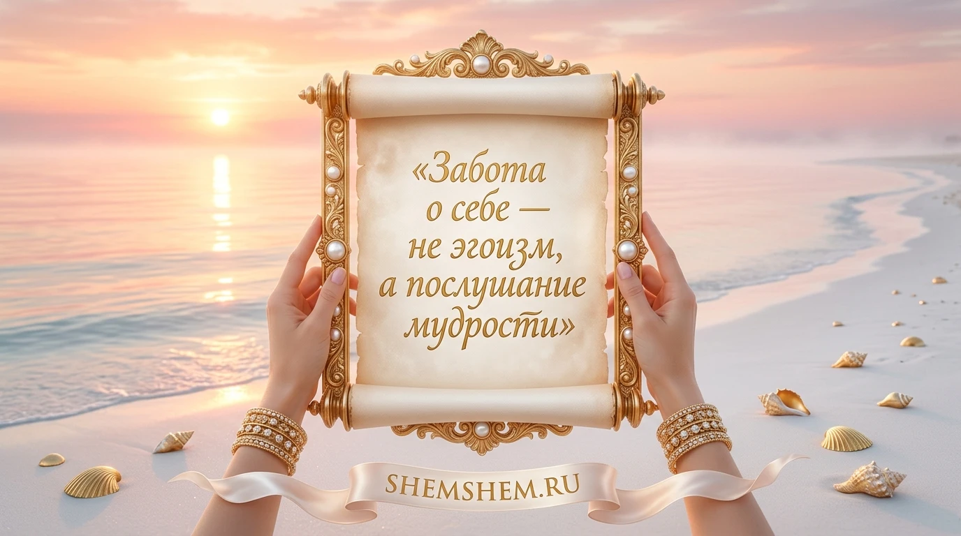 Светлая открытка с золотым свитком на фоне бескрайнего океана и рассвета с цитатой о заботе о себе
