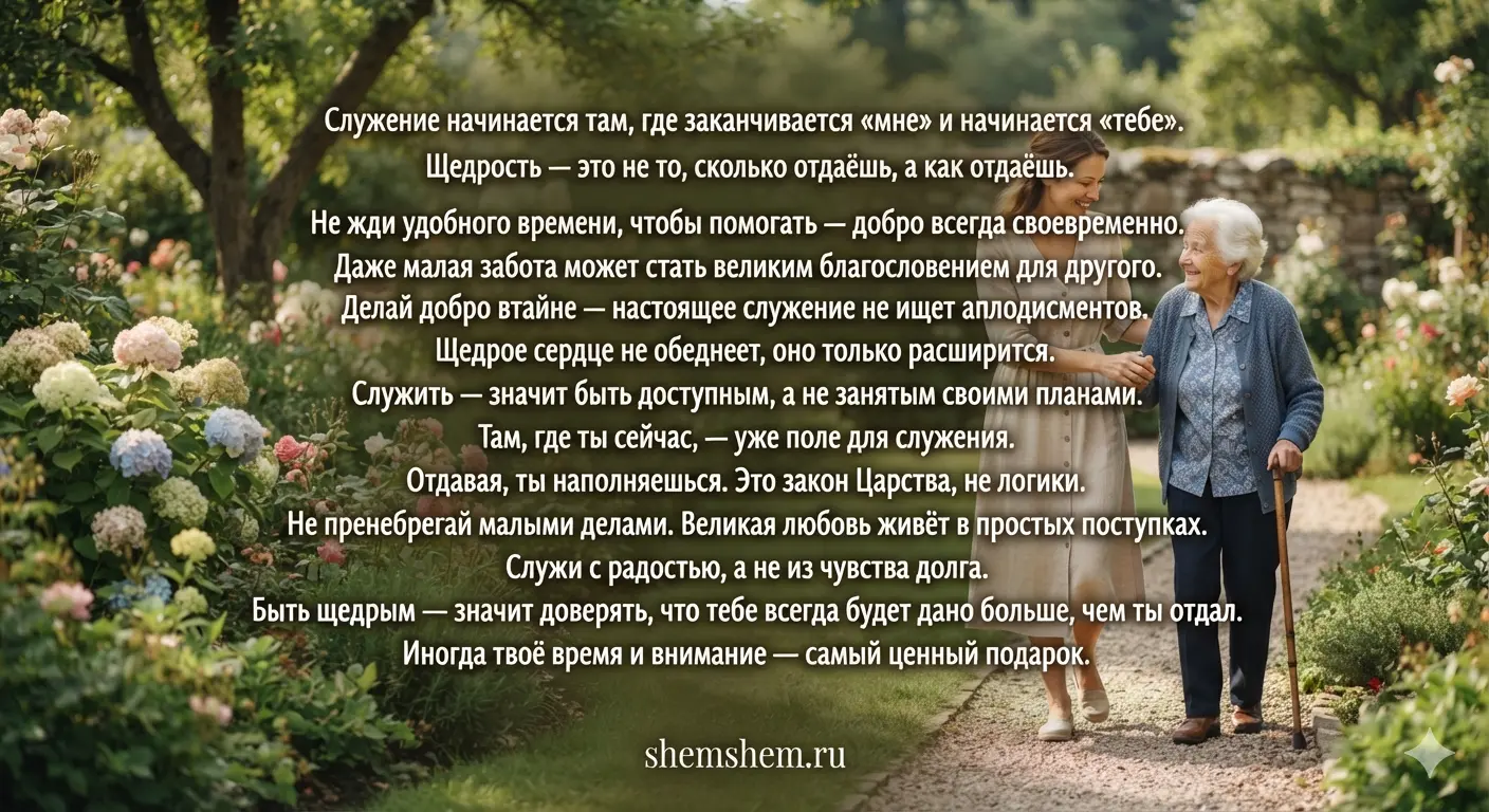 Уютный зеленый сад, по дорожке которого идут молодая женщина и пожилая улыбающаяся женщина с тростью. На картинке наложен текст с 13 правилами о щедрости и служении