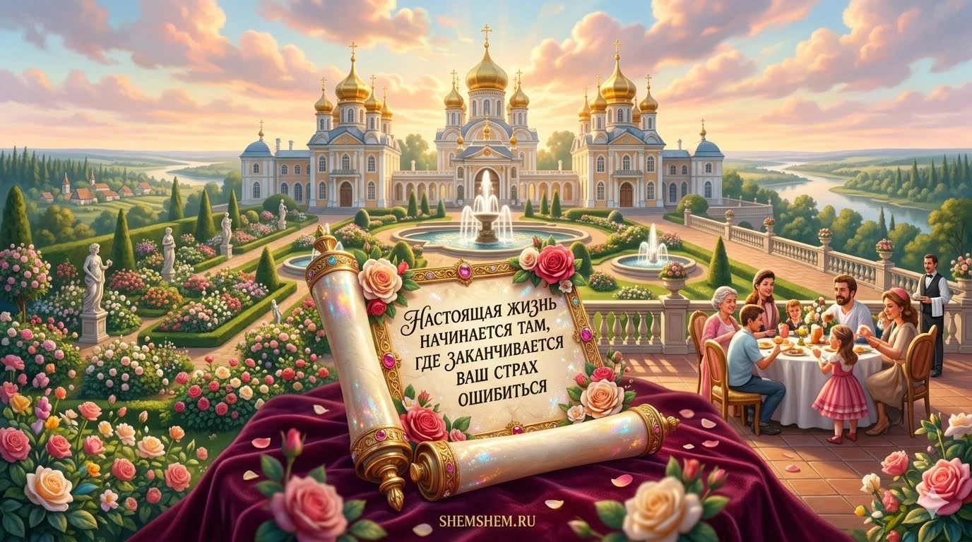 Праздничная открытка с золотым свитком в центре на фоне белокаменного дворца и цветущего сада