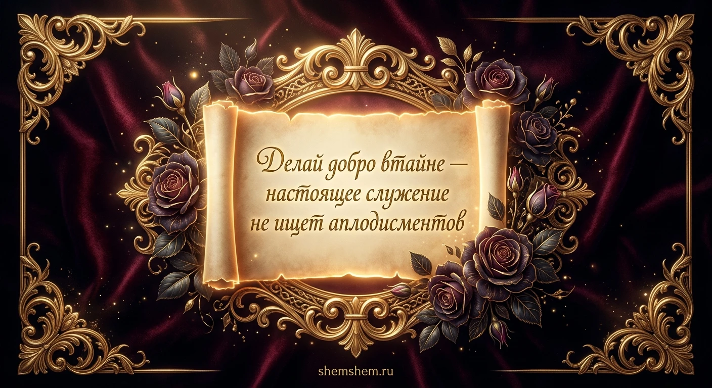 Роскошная бордово-золотая открытка с цитатой о тайных добрых делах