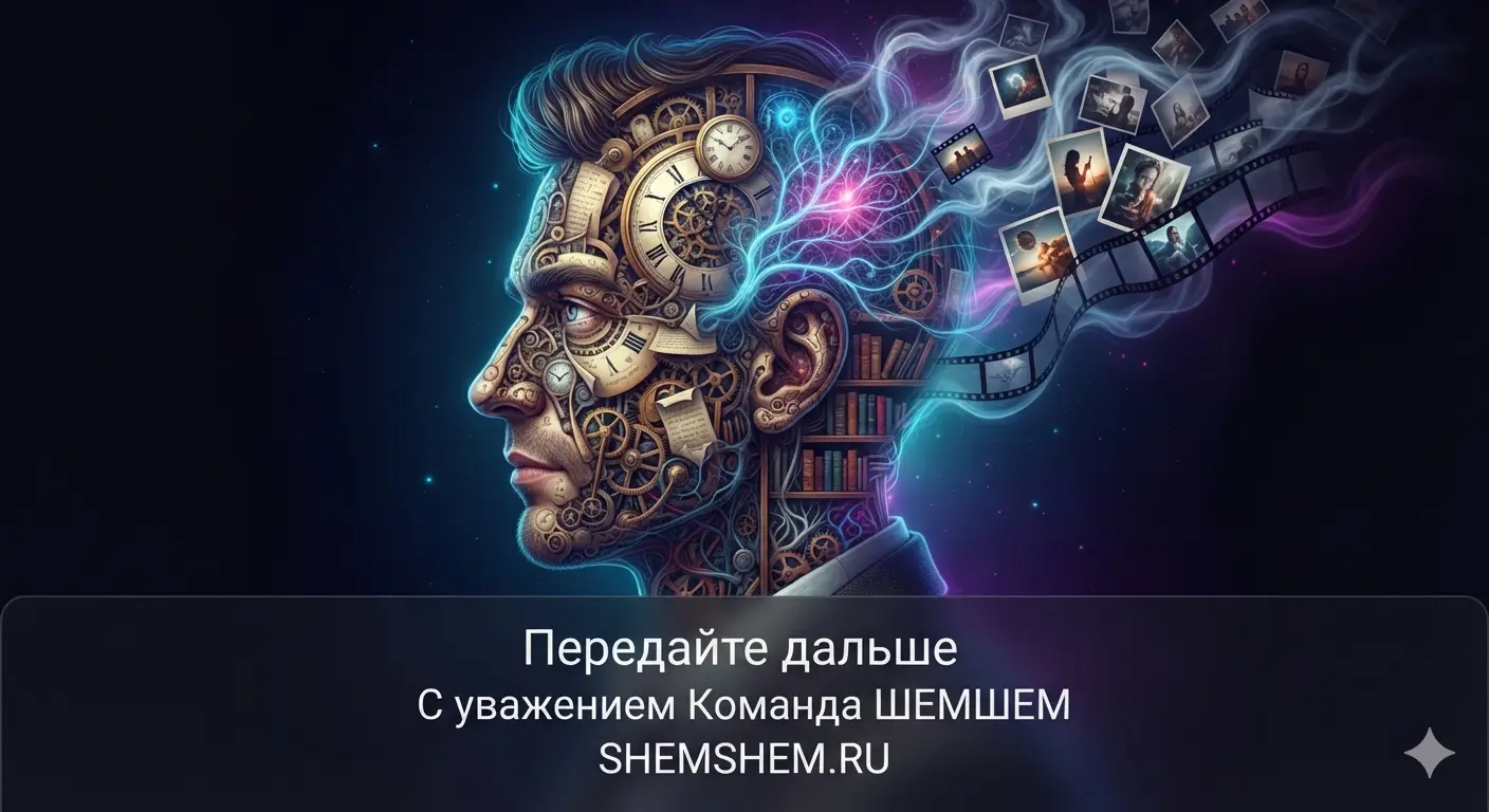 Сюрреалистичный концепт-арт человека с головой в виде архива, символизирующий абсолютную память. Профиль наполнен часовыми шестеренками, светящимися нейронными связями и кинопленками, вылетающими из разума на фоне темного неонового космоса