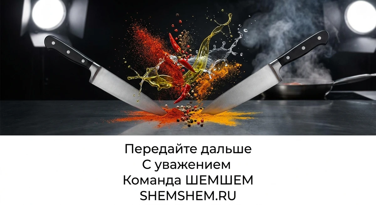 Два шеф-ножа и летящие специи на темном фоне — символ кулинарного поединка «Битва шефов»