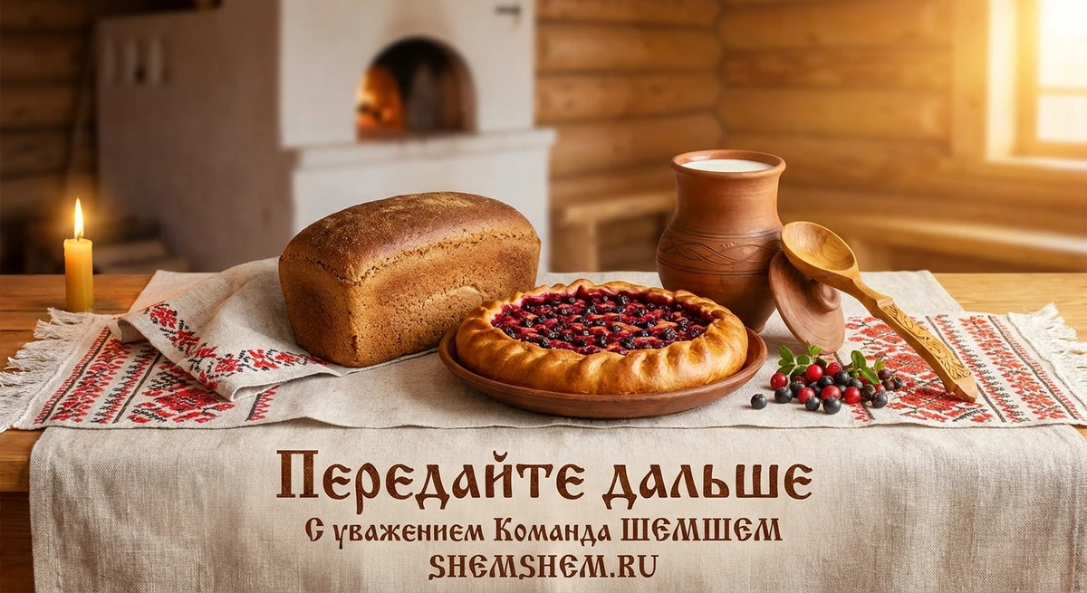 Традиционные русские блюда: каравай, пирог и глиняная посуда в деревенском стиле
