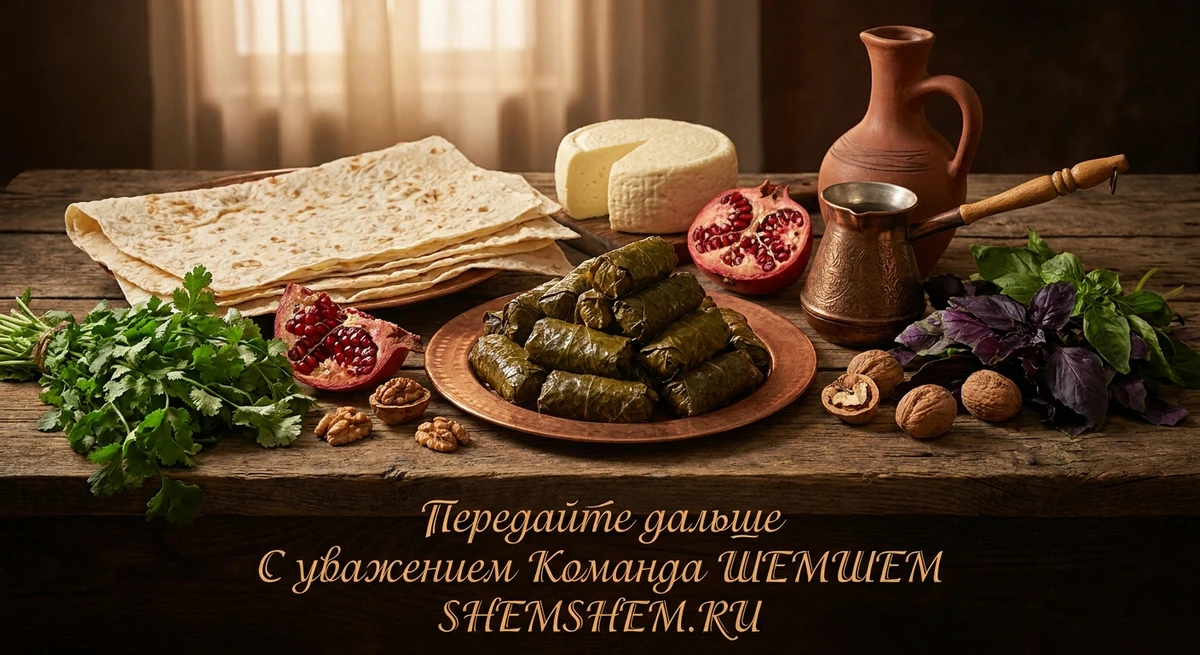 Армянская долма, лаваш, гранаты и традиционная посуда на столе Гаяне Бреиовой