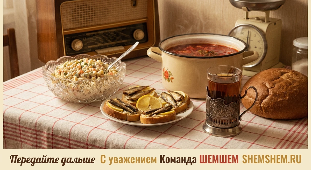 Классические советские блюда: салат Оливье, шпроты и чай в граненом стакане на уютной кухне