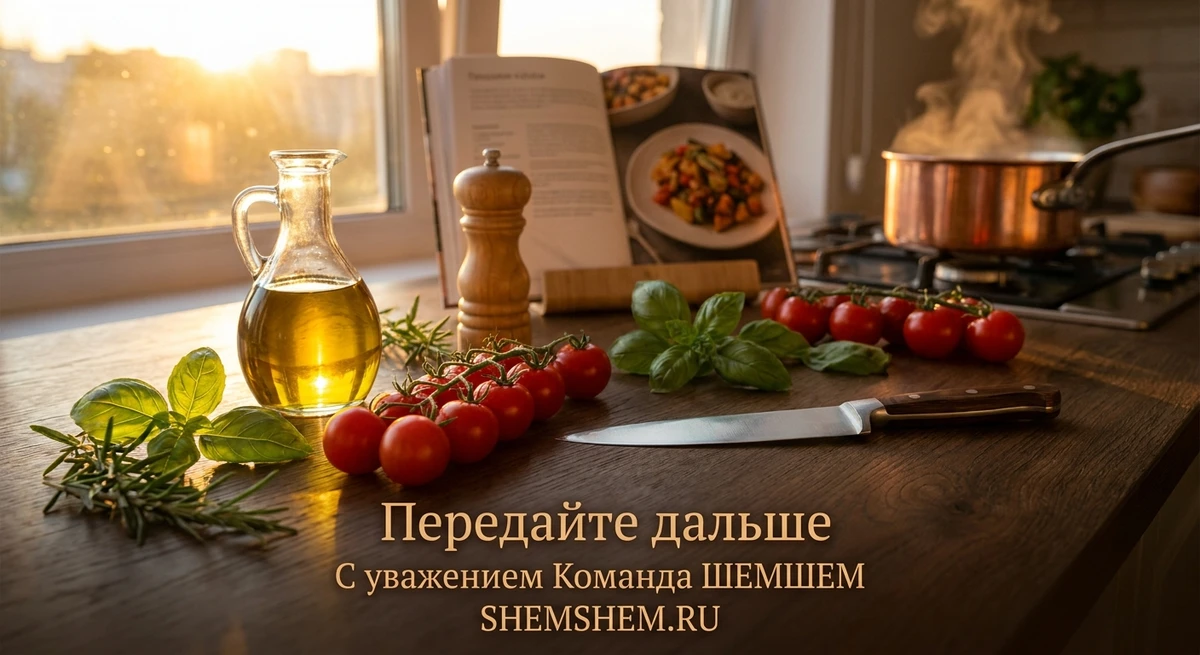 Рабочий стол повара с натуральными продуктами, ножом и книгой рецептов в теплом солнечном свете
