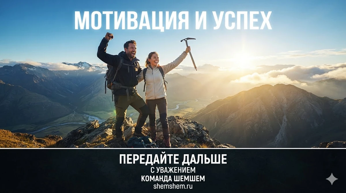 Мужчина и женщина стоят на вершине горы на фоне заката. Они радуются успеху