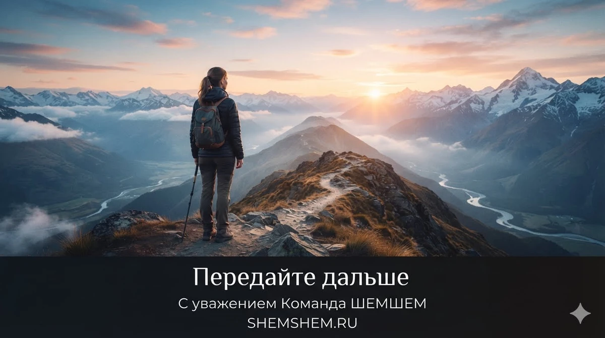 Одинокий путник стоит на вершине горы и смотрит на величественный рассвет над облаками, что символизирует поиск себя, внутренний рост и обретение мудрости