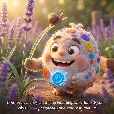 Пушистый Бламбуля с новой ярко-синей пуговицей на шёрстке.