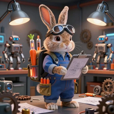Кролик-инженер с планшетом и морковным ранцем