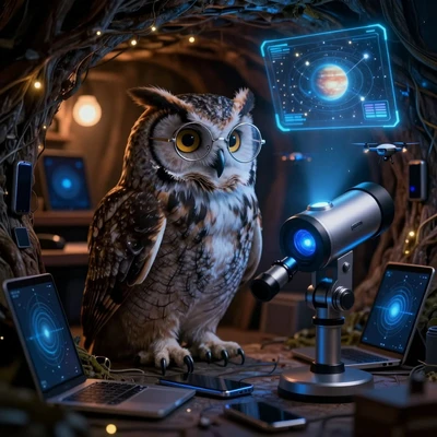 Сова в очках с голографическим экраном и телескопом в дупле