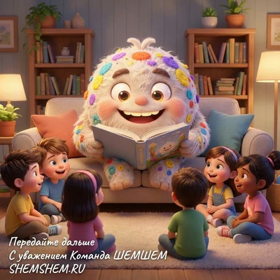 Бламбуля читает книгу детям в уютной комнате.