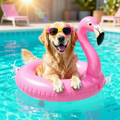 Золотистый ретривер в очках на розовом надувном фламинго в бассейне