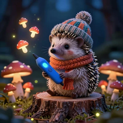 Ёжик в шапке рисует 3D-ручкой светящиеся грибы