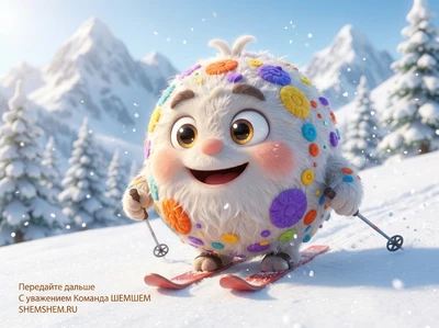 Пушистый Бламбуля на лыжах в горах.