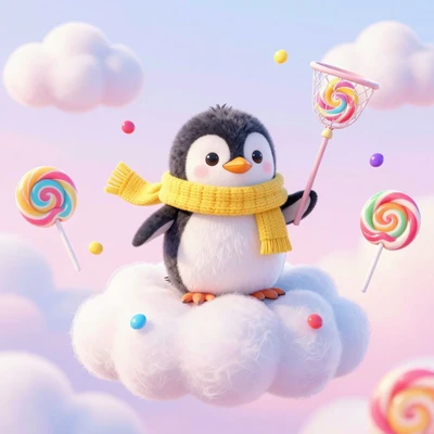 Пингвинёнок в жёлтом шарфе на облаке с леденцами