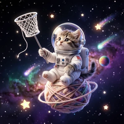 Котенок в скафандре на клубке-планете с сачком в космосе
