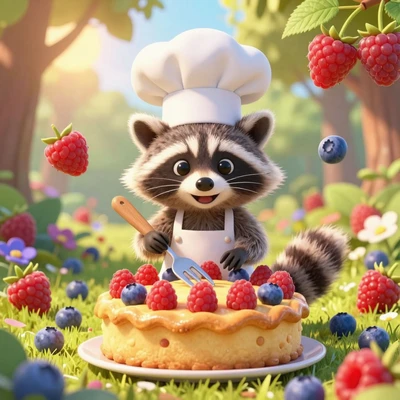 Енот в поварском колпаке украшает пирог ягодами на поляне