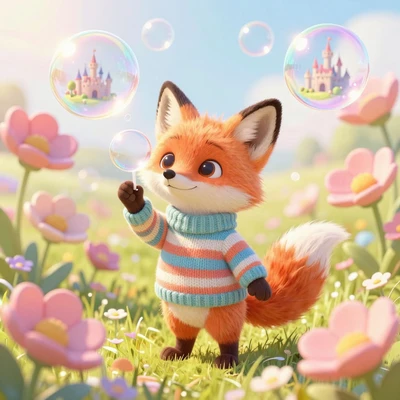 Лисёнок пускает мыльные пузыри со сказочными замками