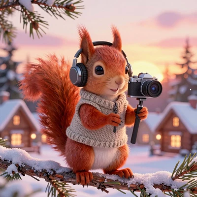 Белка-блогер с камерой и в наушниках на зимней ветке