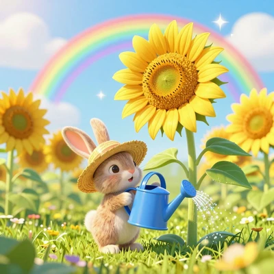 Зайчик в соломенной шляпе поливает подсолнух на фоне радуги