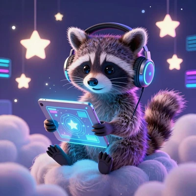 Енот в наушниках с планшетом на облаке
