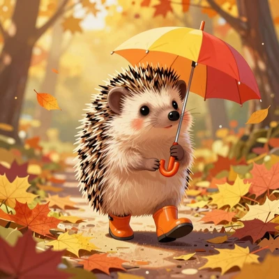 Ёжик в оранжевых сапожках с зонтиком среди осенних листьев