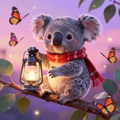 Коала в красном шарфе с фонариком и бабочками на ветке