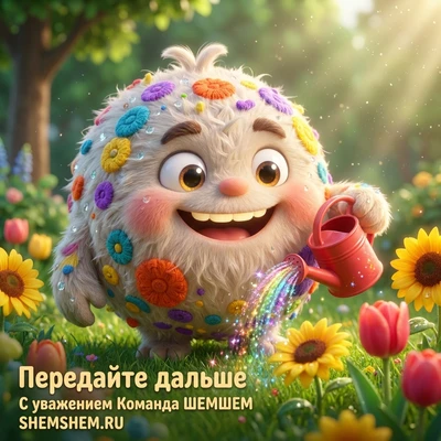 Бламбуля поливает цветы из лейки радужной водой в солнечном саду