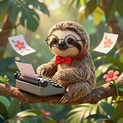 Ленивец Сиеста в очках и бабочке печатает на машинке