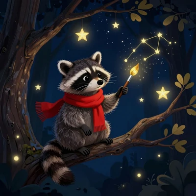 Енот в красном шарфе рисует звезды на ночном небе