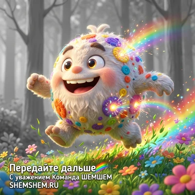 Бламбуля бежит по цветочной поляне под радугой, искрясь радостью.