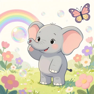 Слонёнок пускает мыльные пузыри на цветочной поляне