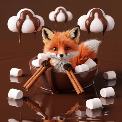 Лисёнок в чашке с горячим шоколадом и маршмэллоу