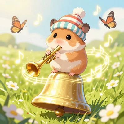 Хомячок в шапке играет на трубе на колокольчике среди цветов