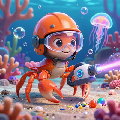 Краб в шлеме с лазерным пылесосом под водой