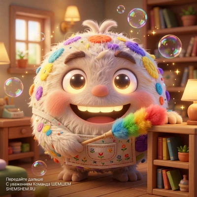 Бламбуля с радужной метелкой и мыльными пузырями делает уборку