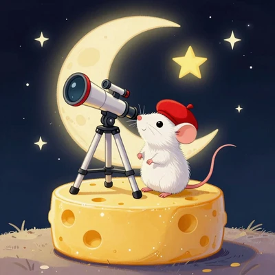 Белая мышка в красном берете с телескопом на сыре