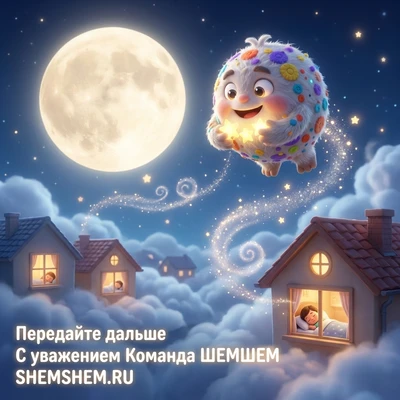 Бламбуля летит в ночном небе над домами со звёздами в руках.