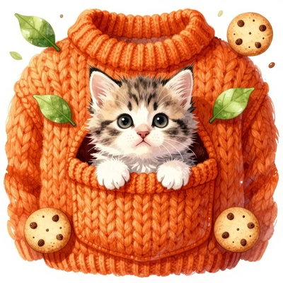 Маленький котенок в кармане свитера среди печенья и листьев