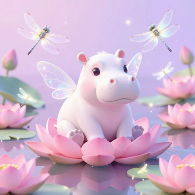 Маленький бегемотик с крыльями на цветке лотоса