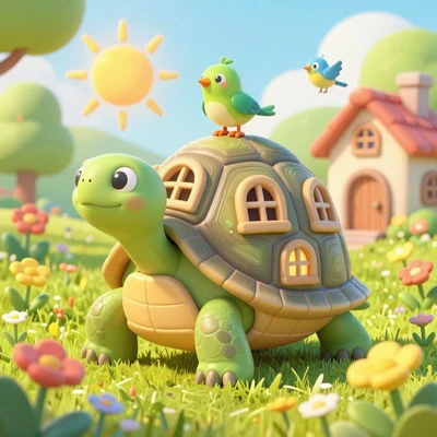 Черепашка с домиком на панцире и птичкой на лугу