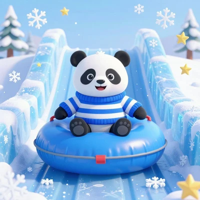 Панда в полосатом свитере катится на синей ватрушке с горки