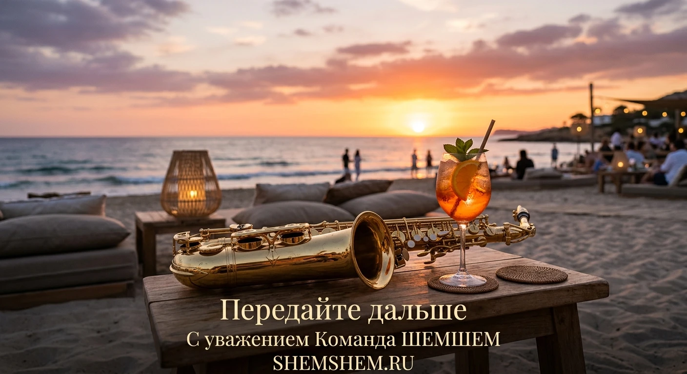 Золотой саксофон на фоне вечернего моря в стиле лаунж