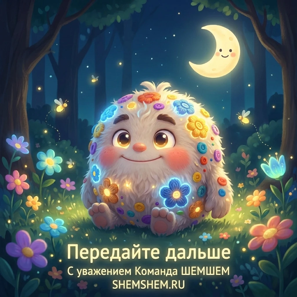 Бламбуля среди светящихся цветов под ночным небом