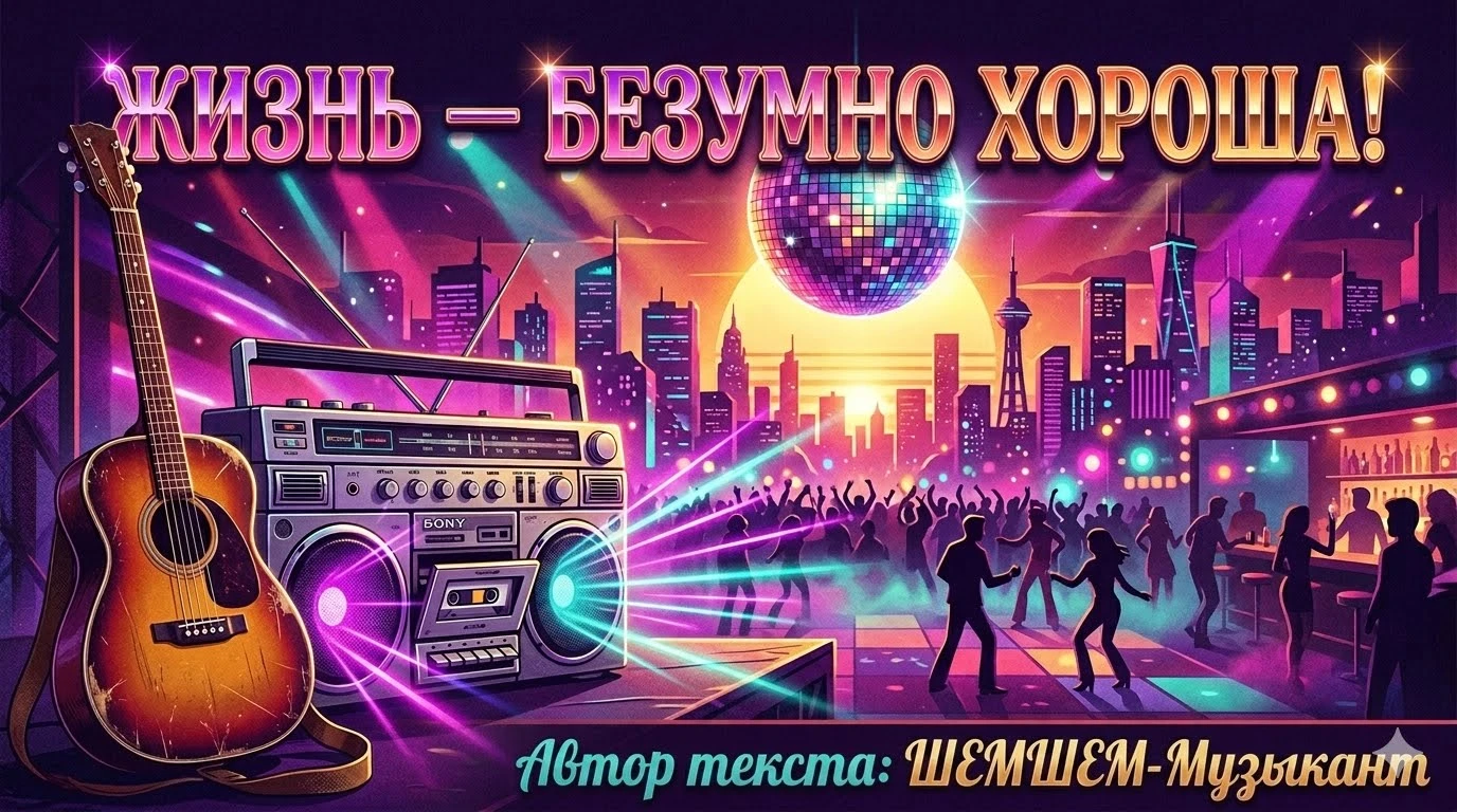 Винтажная акустическая гитара и старый кассетный магнитофон, из которого светятся неоновые лучи. На заднем плане — стилизованный силуэт танцующего города под лучами солнца и диско-шара