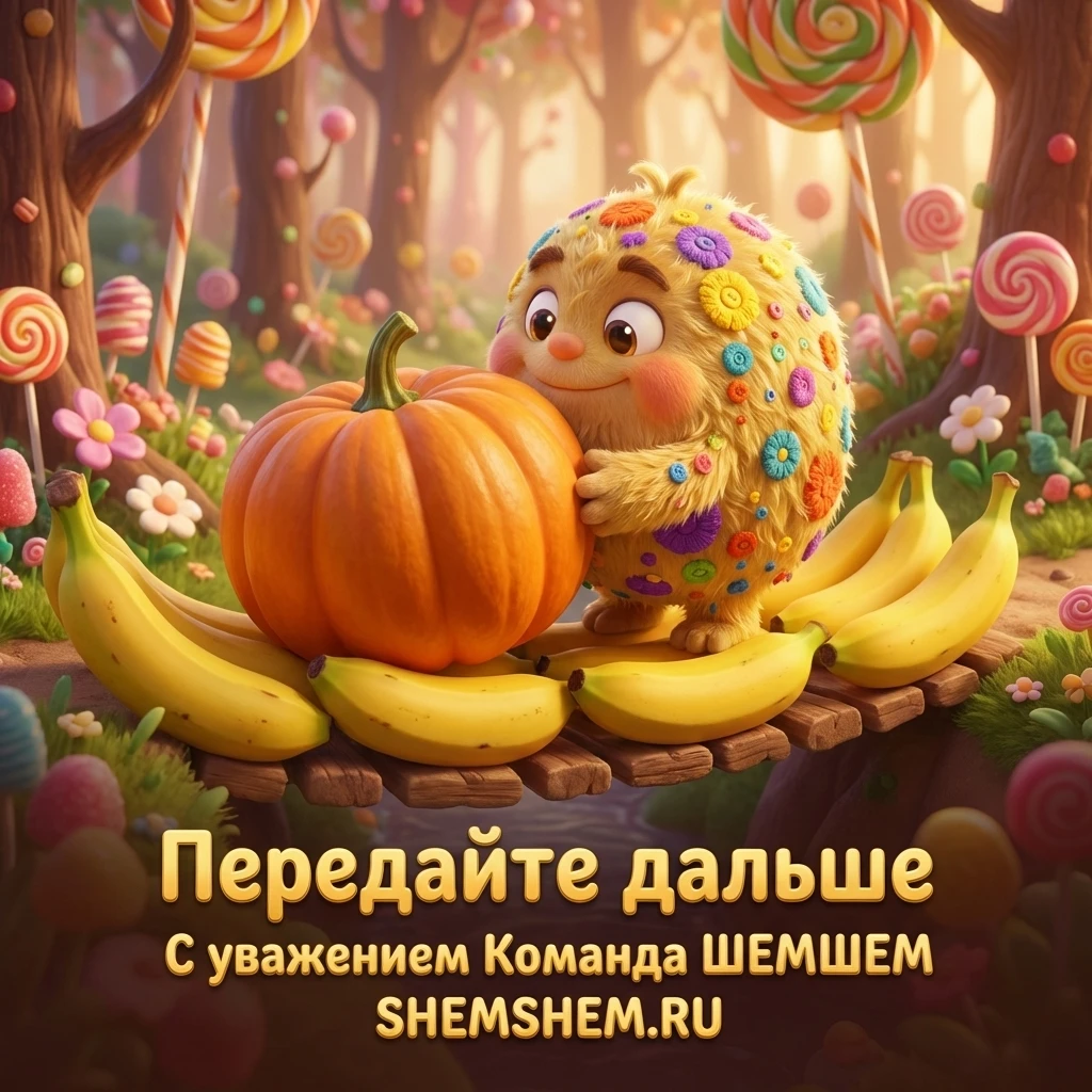 Бламбуля катит тыкву по мостику из бананов