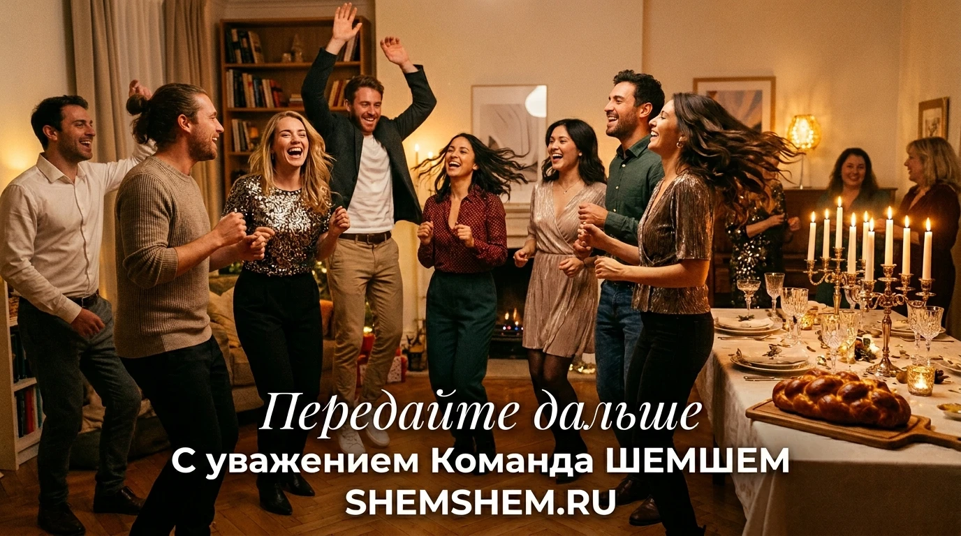 Счастливые улыбающиеся люди энергично танцуют на празднике в уютной комнате и накрытым столом на заднем плане