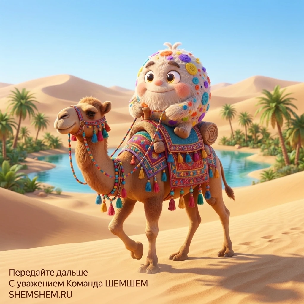 Бламбуля едет на верблюде в пустыне рядом с оазисом